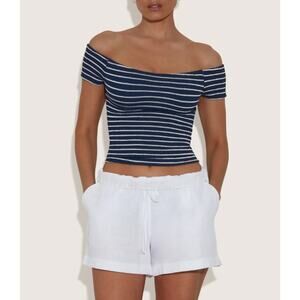 Hunza G Top Women One Size Grace Navy White Striped Off Shoulder Crop Knit Retro